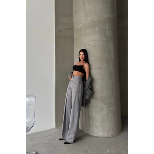 KAPALI GENİŞ PİLE CEP KAPAK DETAYLI PANTOLON - Gri