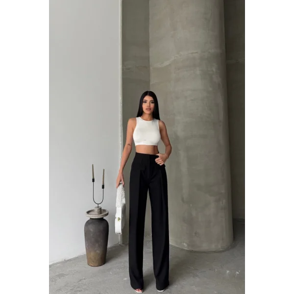 KAPALI GENİŞ PİLE CEP KAPAK DETAYLI PANTOLON - Siyah