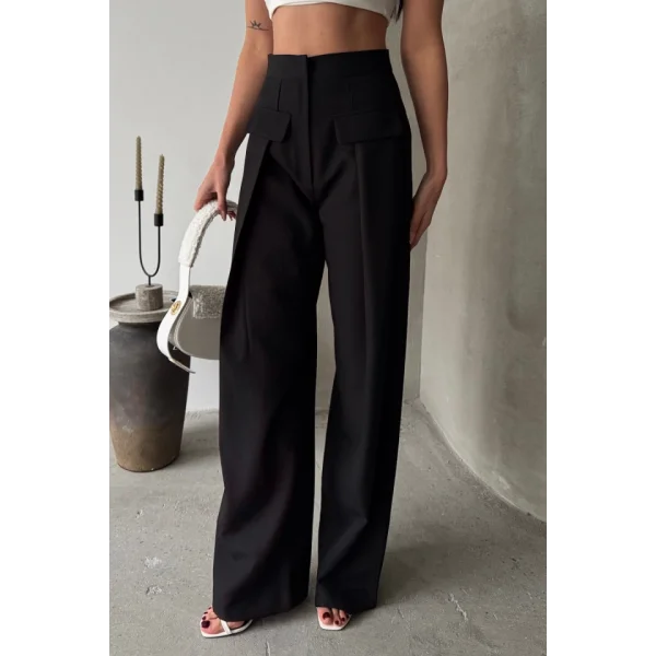 KAPALI GENİŞ PİLE CEP KAPAK DETAYLI PANTOLON - Siyah