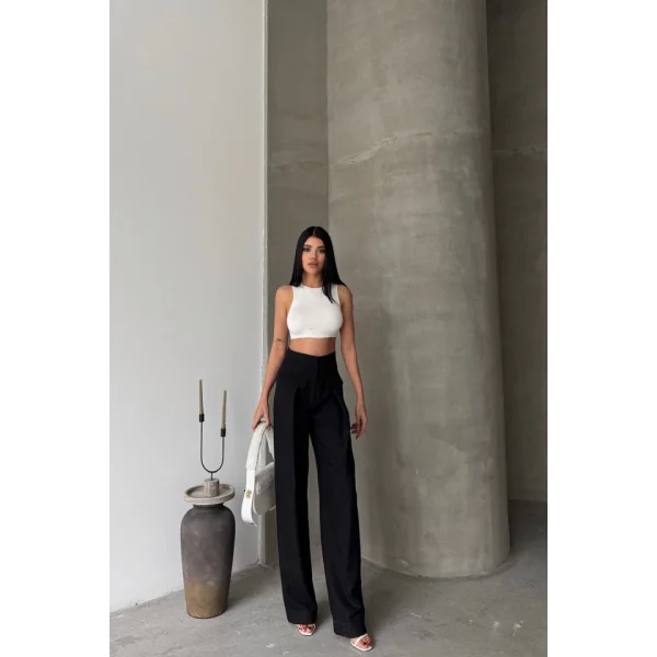 KAPALI GENİŞ PİLE CEP KAPAK DETAYLI PANTOLON - Siyah