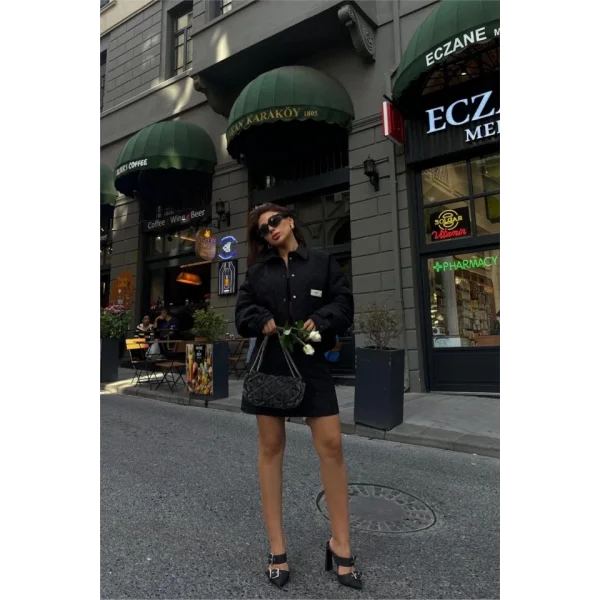 KAPİTONE CROP CEKET  ETEK TAKI ARA DETAYI  iyah