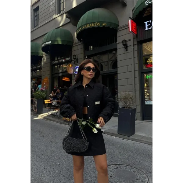 KAPİTONE CROP CEKET  ETEK TAKI ARA DETAYI  iyah