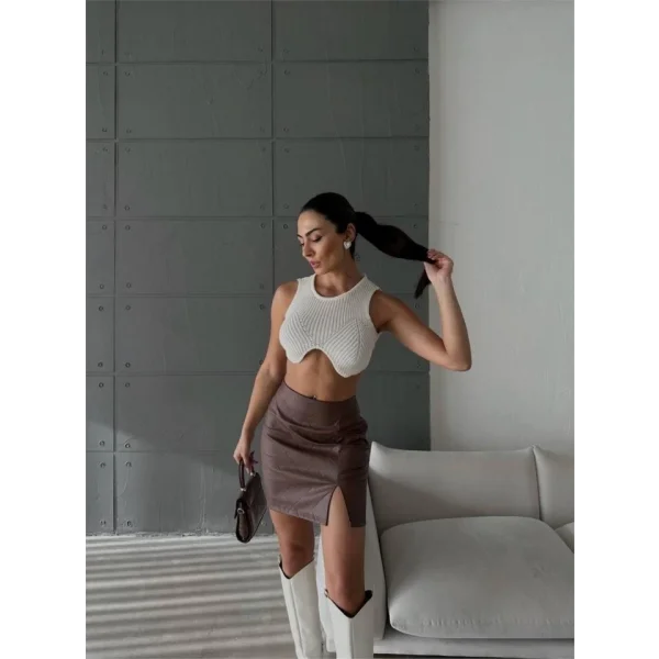 KAPİTONE DERİ ETEK YIRTAÇI  Kahverengi