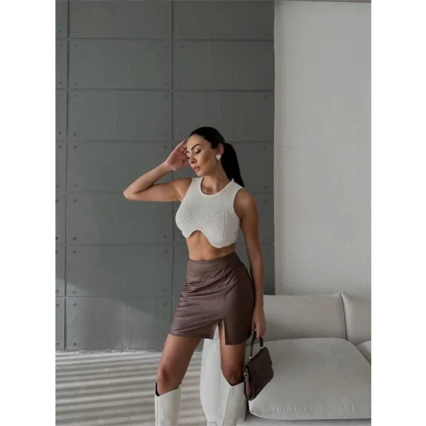 KAPİTONE DERİ ETEK YIRTAÇI  Kahverengi