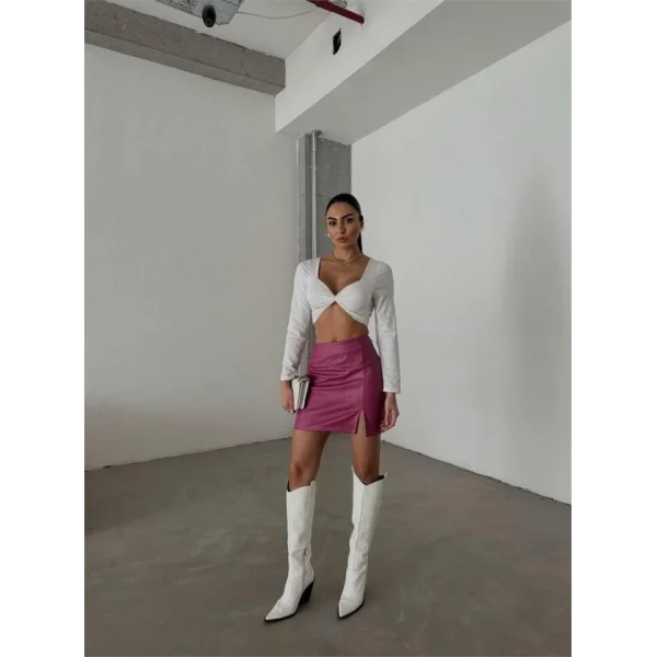 KAPİTONE DERİ ETEK YIRTMAÇLI - Fuşya