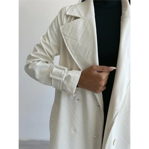 KAPİTONE DERİ TRENCH - Beyaz