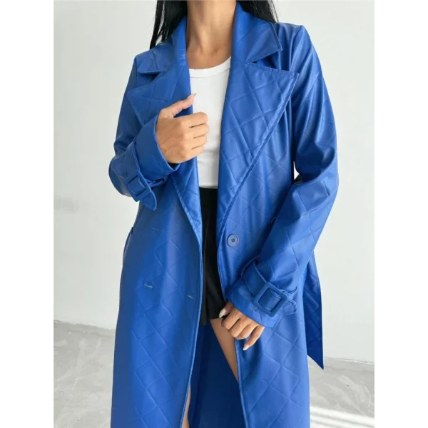 KAPİTONE DERİ TRENCH - Mavi