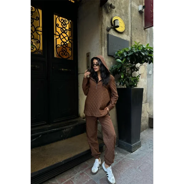 KAPİTONE KAPİŞONLU EŞOFMAN TAKIM - Kahverengi