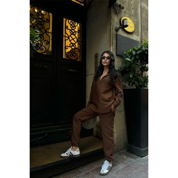 KAPİTONE KAPİŞONLU EŞOFMAN TAKIM - Kahverengi