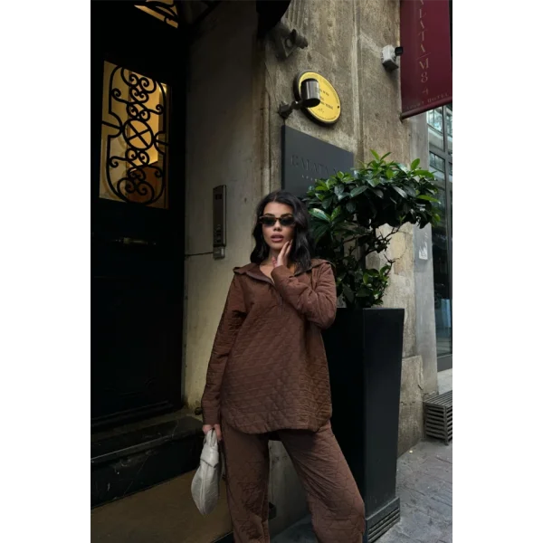 KAPİTONE KAPİŞONLU EŞOFMAN TAKIM - Kahverengi