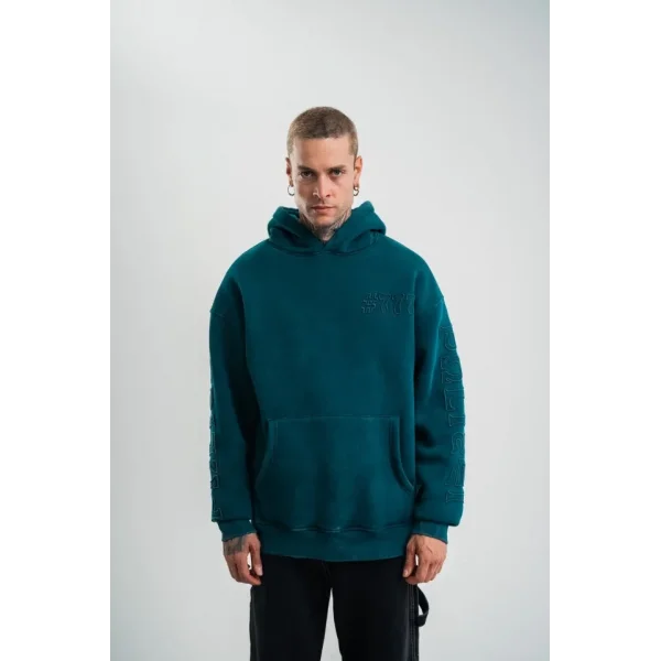 Kapşonlu Double Oversize Yıkamalı Evalı Nakışlı SweatShirt - Koyu Deniz Yeşili