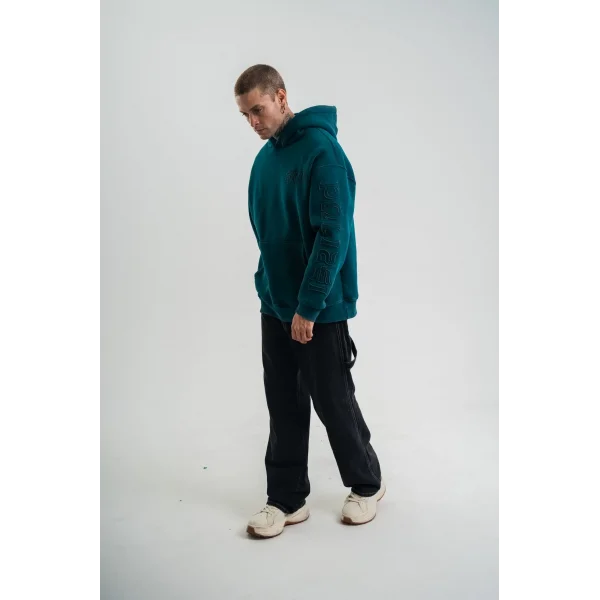 Kapşonlu Double Oversize Yıkamalı Evalı Nakışlı SweatShirt - Koyu Deniz Yeşili