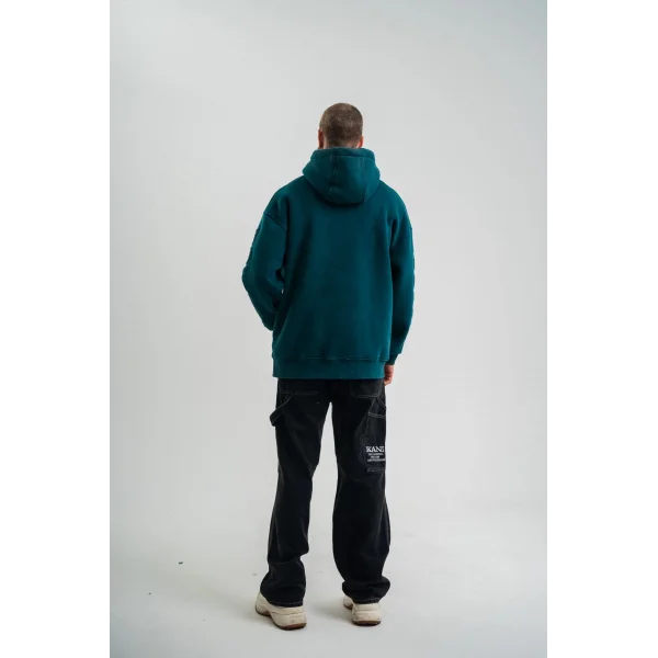 Kapşonlu Double Oversize Yıkamalı Evalı Nakışlı SweatShirt - Koyu Deniz Yeşili