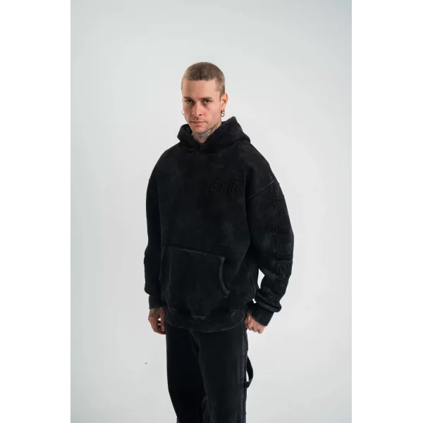 Kapşonlu Double Oversize Yıkamalı Evalı Nakışlı SweatShirt - Siyah