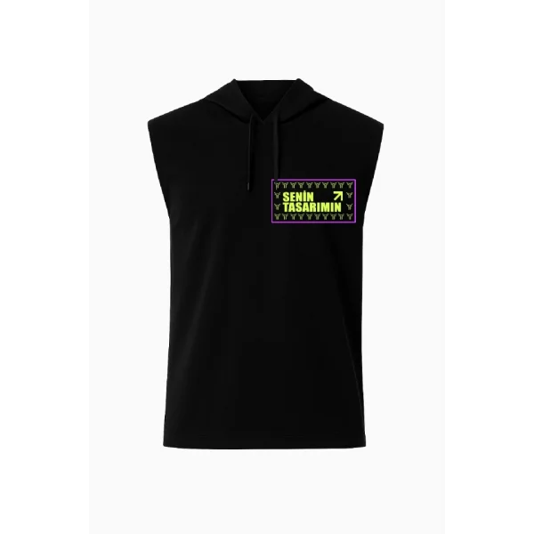 Kapşonlu İki İplik Tişört Ön Arka Sizin Tasarımınız - Siyah