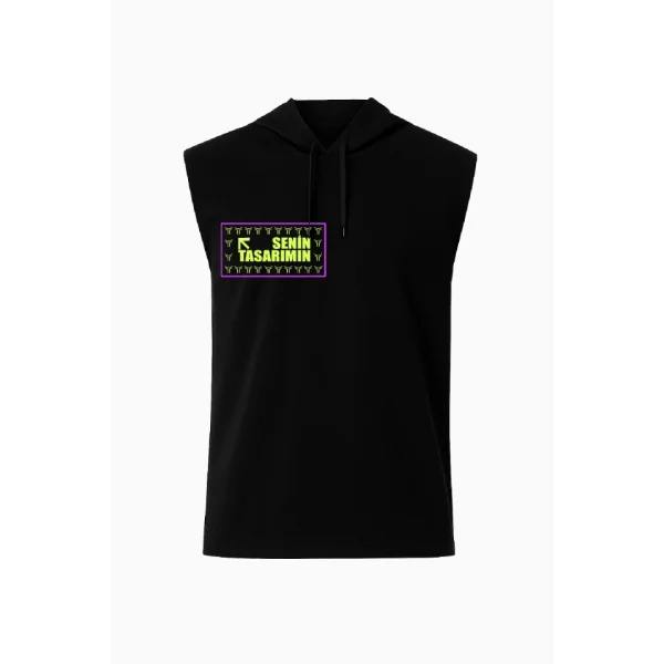 Kapşonlu İki İplik Tişört Ön Arka Sizin Tasarımınız - Siyah