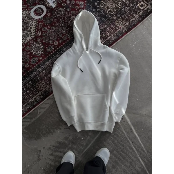 Kapüşonlu Üç İplik Penye Basic SweatShirt - Beyaz