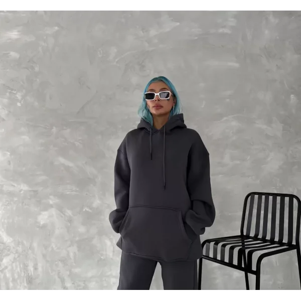 Kapüşonlu Üç İplik Penye Basic SweatShirt - Füme