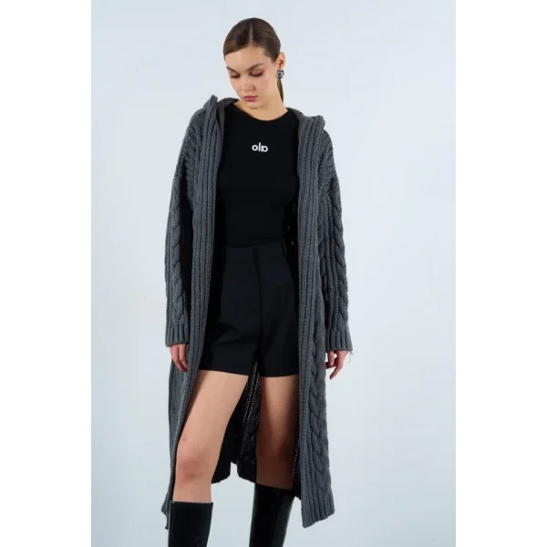 Kapüşonlu Uzun Hırka  Füme