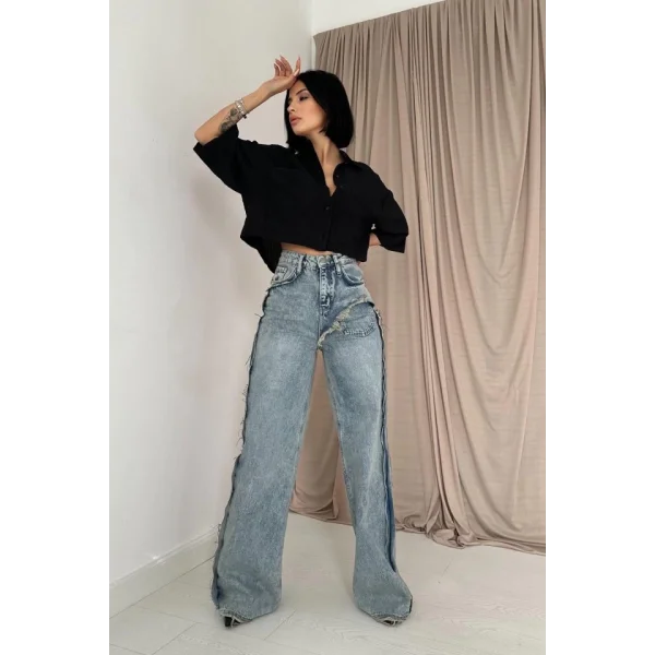 Kar Yıkama Yan Yırtmaçlı Jeans Pantolon