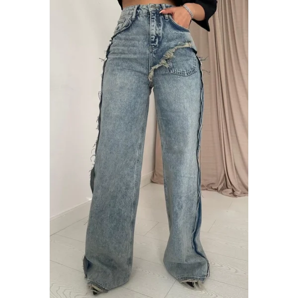 Kar Yıkama Yan Yırtmaçlı Jeans Pantolon