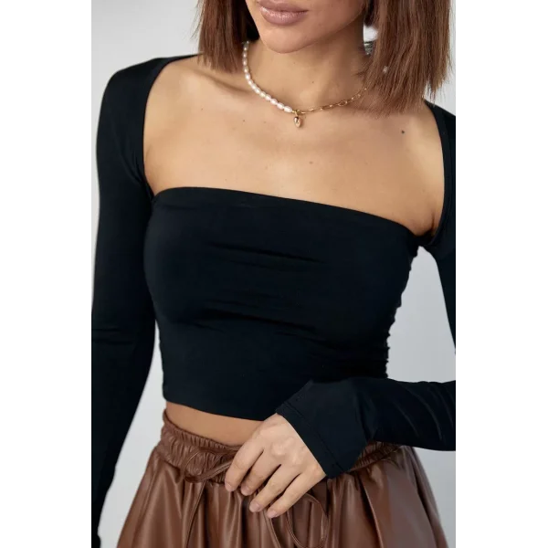 Kara Yaka Uzun Kollu Crop - Siyah