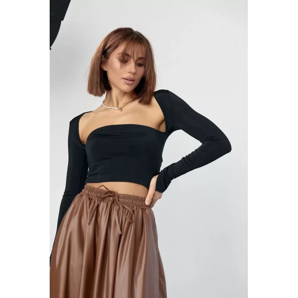 Kara Yaka Uzun Kollu Crop - Siyah