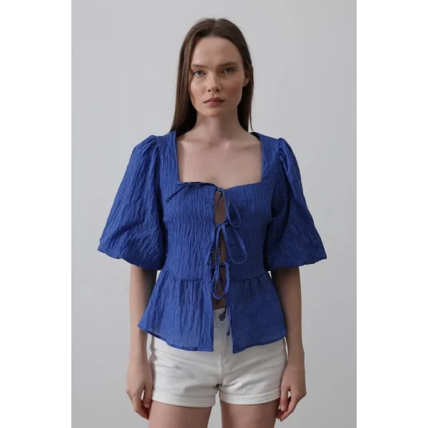 Kare Yaka Balon Kol Bluz - Mavi