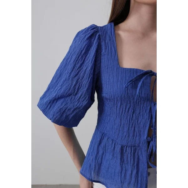 Kare Yaka Balon Kol Bluz - Mavi