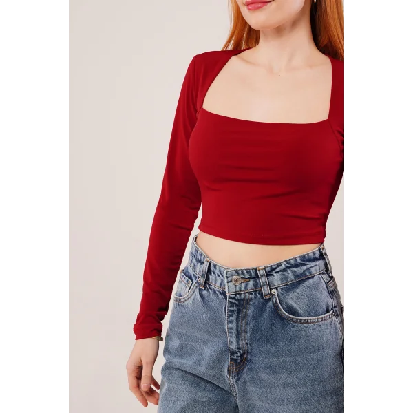 Kare Yaka Basic Bordo Bluz