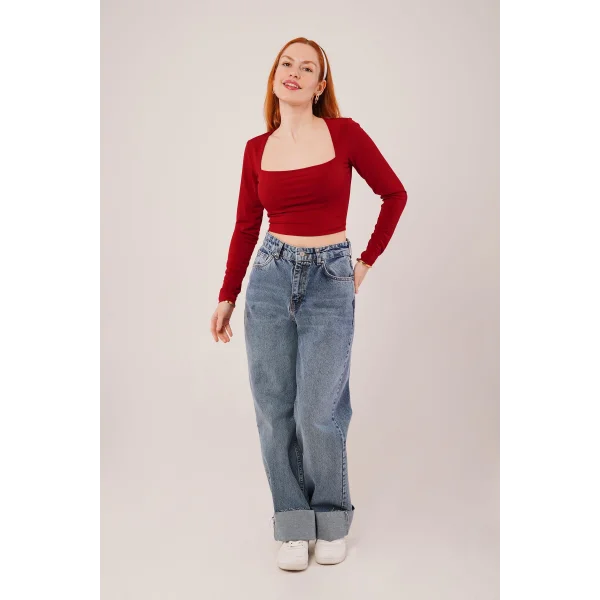 Kare Yaka Basic Bordo Bluz
