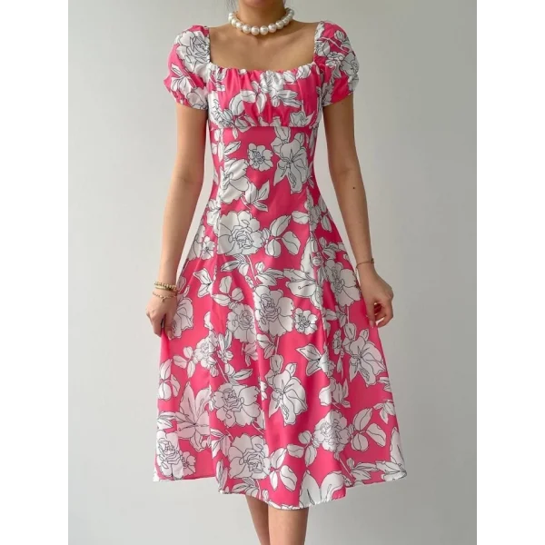 Kare Yaka Çiçekli Elbise