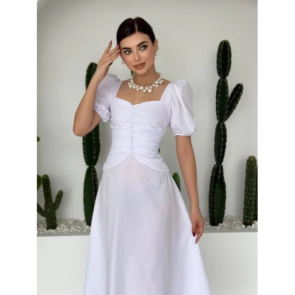 Kare Yaka Düğmeli Elbise