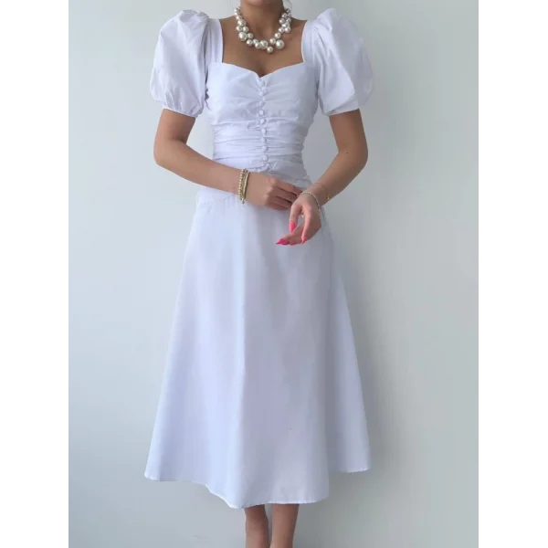 Kare Yaka Düğmeli Elbise