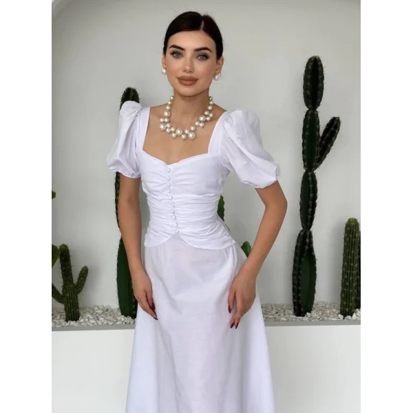 Kare Yaka Düğmeli Elbise