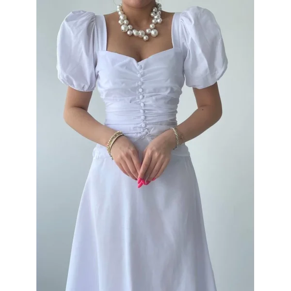 Kare Yaka Düğmeli Elbise