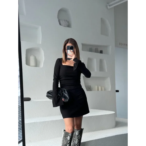 Kare Yaka Mını Boy Fitilli Elbise - Siyah