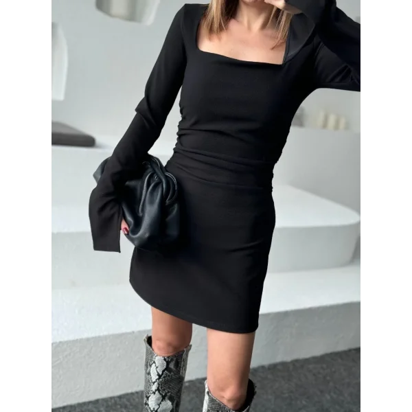 Kare Yaka Mını Boy Fitilli Elbise - Siyah