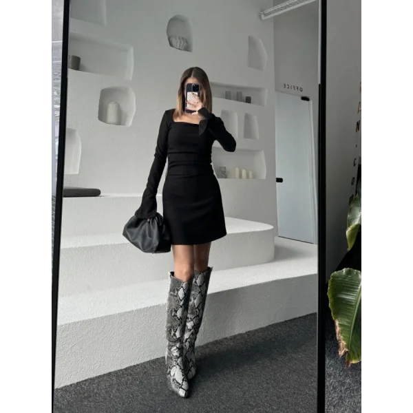 Kare Yaka Mını Boy Fitilli Elbise - Siyah