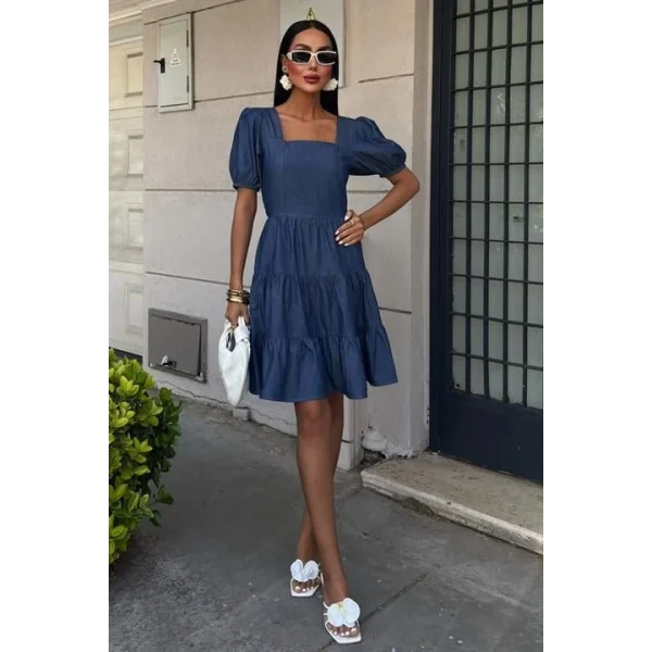 Kare Yakalı Ve Gipe Detaylı Tensel Elbise 2883