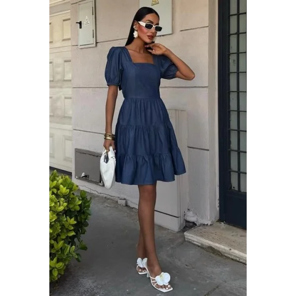 Kare Yakalı Ve Gipe Detaylı Tensel Elbise 2883