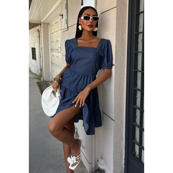 Kare Yakalı Ve Gipe Detaylı Tensel Elbise 2883