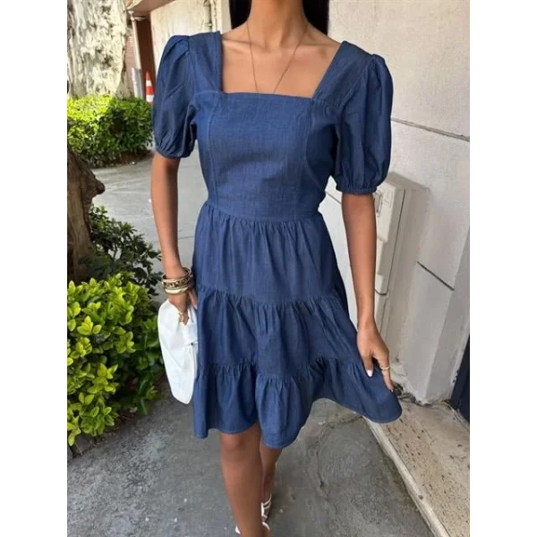 Kare Yakalı Ve Gipe Detaylı Tensel Elbise 2883