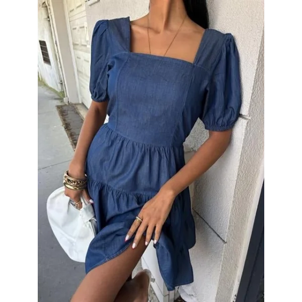 Kare Yakalı Ve Gipe Detaylı Tensel Elbise 2883