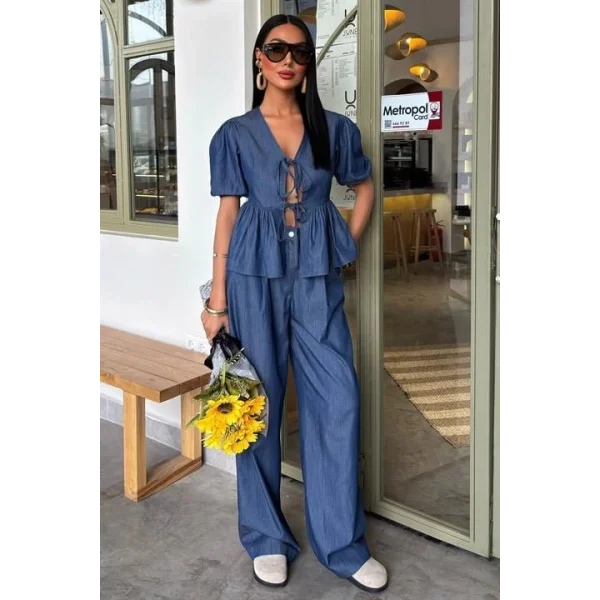 Karpuz Kol Önü Bağcıklı Plazzo Pantolon Tensel Takım 10177