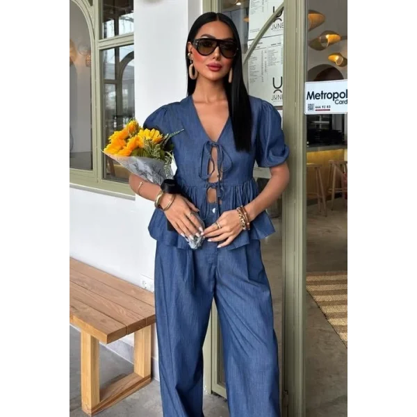 Karpuz Kol Önü Bağcıklı Plazzo Pantolon Tensel Takım 10177