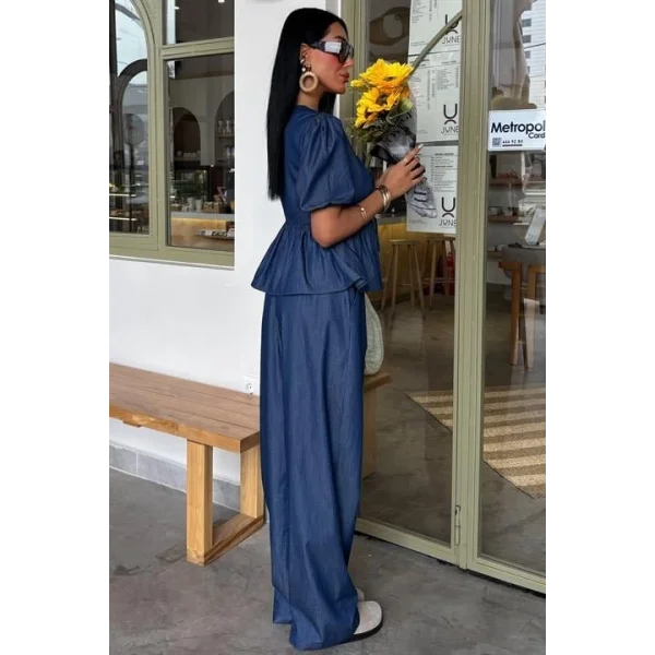 Karpuz Kol Önü Bağcıklı Plazzo Pantolon Tensel Takım 10177