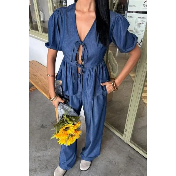 Karpuz Kol Önü Bağcıklı Plazzo Pantolon Tensel Takım 10177