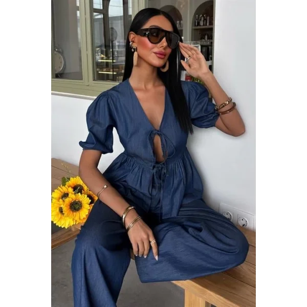 Karpuz Kol Önü Bağcıklı Plazzo Pantolon Tensel Takım 10177