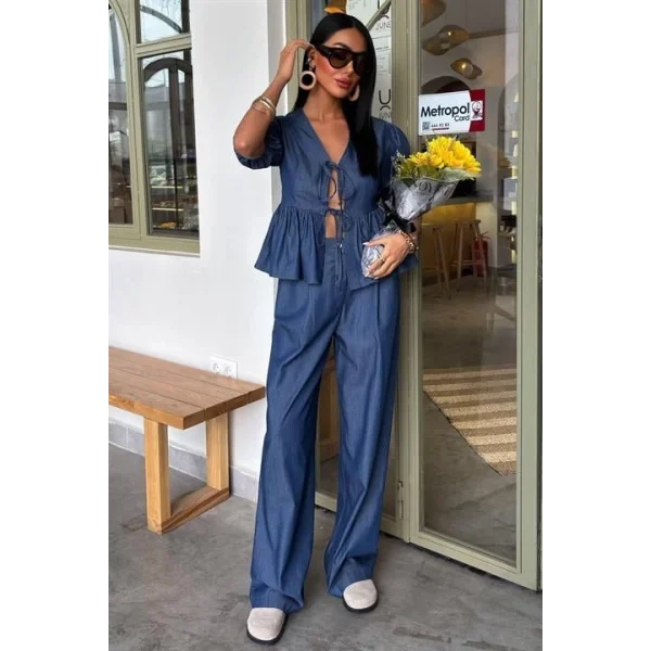 Karpuz Kol Önü Bağcıklı Plazzo Pantolon Tensel Takım 10177